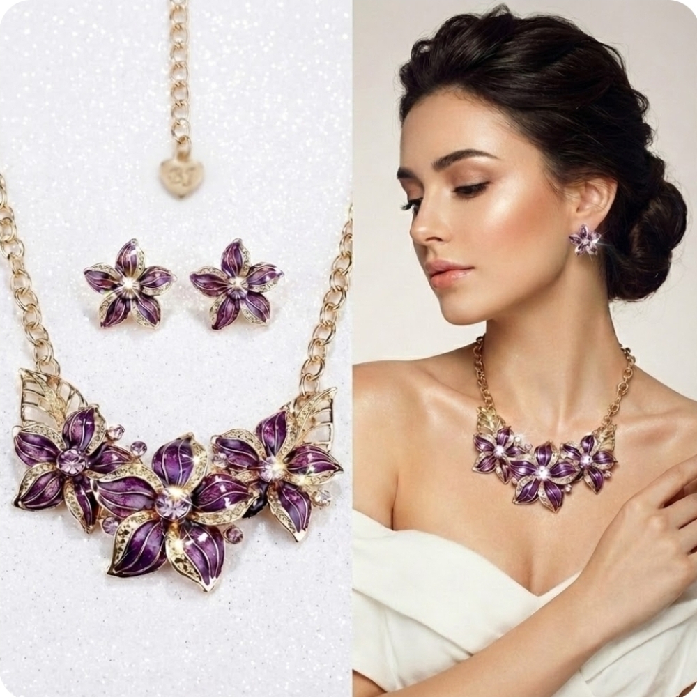 Gold plated purple crystal flower necklace earrings set